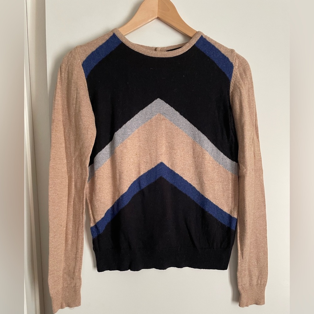 TOP SHOP Cotton Crew Neck Long Sleeve Sweater Tan/Black Buttons